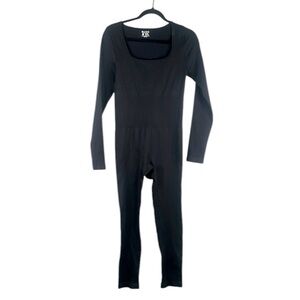 OQQ Black Ribbed Nylon Spandex Blend One Piece Square Neck Bodysuit Size Large